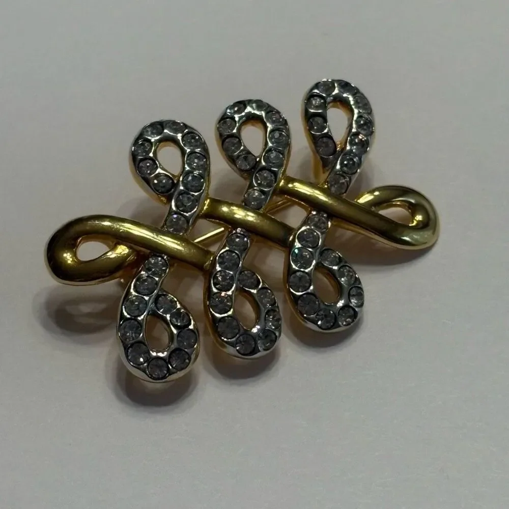 Vintage Swarovski Brooch Clear Crystals Gold Tone Swirl Twist Brooch